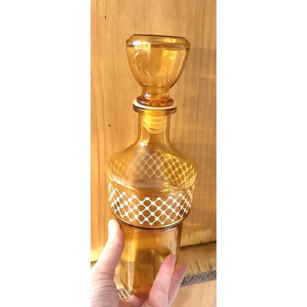 Vintage Amber Glass Diamond White Overlay Decanter Bottle Stopper Genie